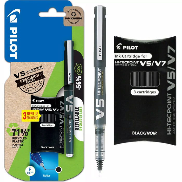 Pilot V5 Cartridge System Liquid Ink 0.5 Rollerball Pen 3 Refills Black (3 PACK)