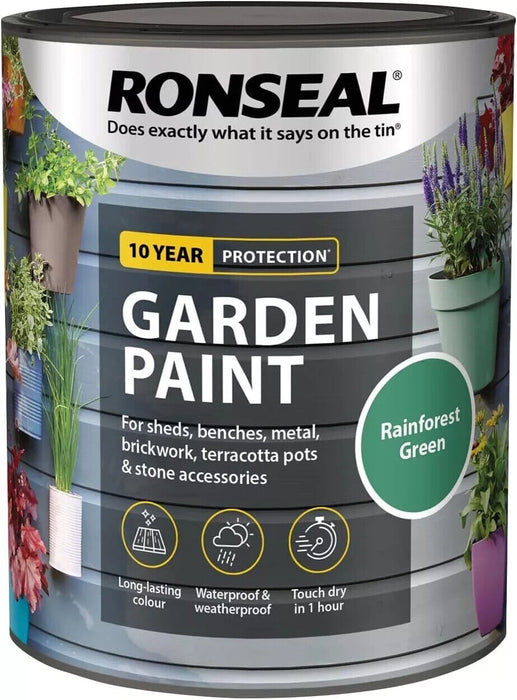 Ronseal Garden Paint Metal Wood Brick Stone Furniture Pot 750ml Rainforest Green