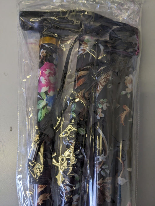 Adjustable Metal Folding Cane Floral Design 33in to 37in