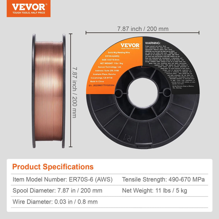 VEVOR Mild Steel MIG Welding Wire 5kg 0.8mm Solid MIG Welding Wire ER70S-6