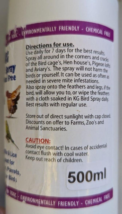 Bird Spray 500ml Mite & Lice Treatment for Hens, Pigeons,Parrotts & Indoor Birds