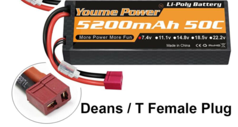 1X Youme 7.4V 2S LiPo Battery 5200mAh 50C Deans T Hardcase for RC Car Truck Boat