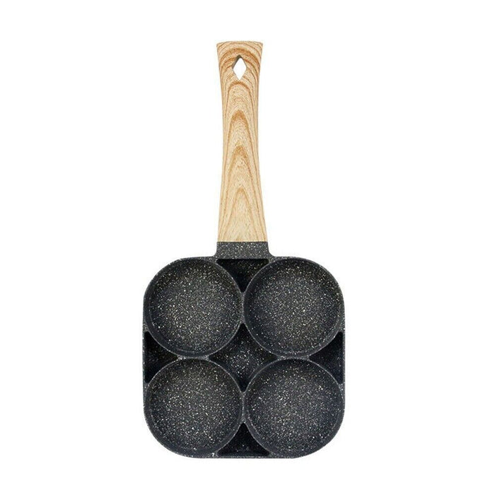 4 Round Hole Egg Frying Pan Egg Burger Pancake Pan, Non-Stick, Wooden Handle