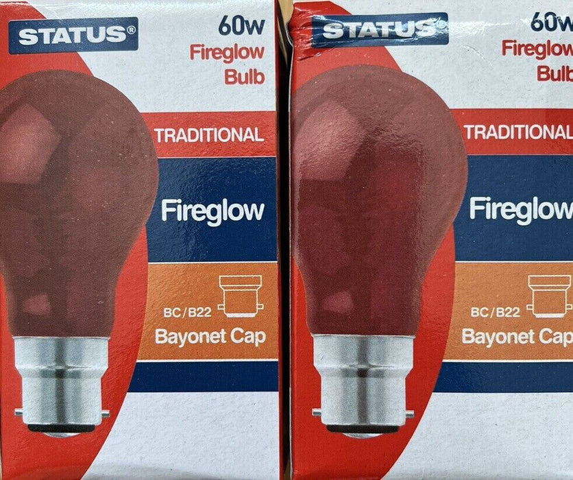 2 Pack Of Status - Red B22 BC 60W Bayonet cap Fireglow Light Bulb Brand New