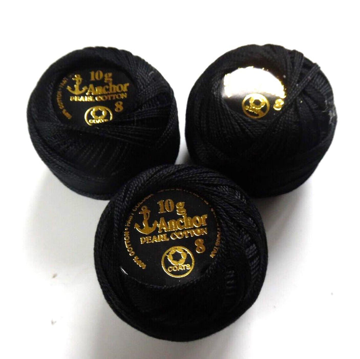 Anchor 10x Pearl Cotton Thread 8 Black 10g Ball Sewing 100% cotton 3 pack