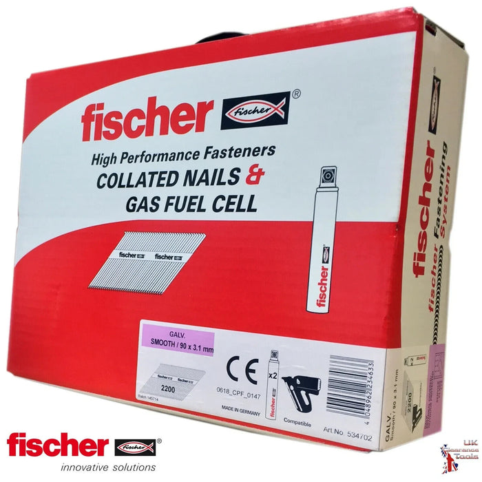 Fischer 534702 Box Of 2200 3.1 x 90mm Smooth Galv Galvanised Nail Pack + 2 x Gas