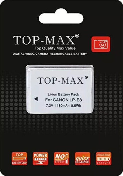 TOP-MAX LP-E8 Battery for Canon EOS 700D,EOS 650D,EOS 600D 7.2V 1180mAh 8.5Wh