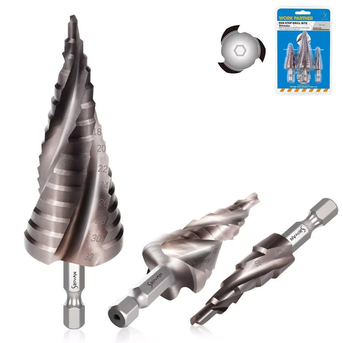 3PCS HSS Step Drill Bit Sets, SS SHOVAN 3-Flute Spiral Grooved Metal Drill Bi...