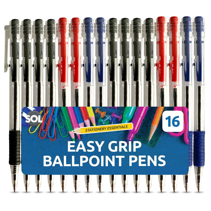 16 Blue Red Black Retractable Ballpoint Pens Biros 1.0mm Ink Smooth Grip Tip