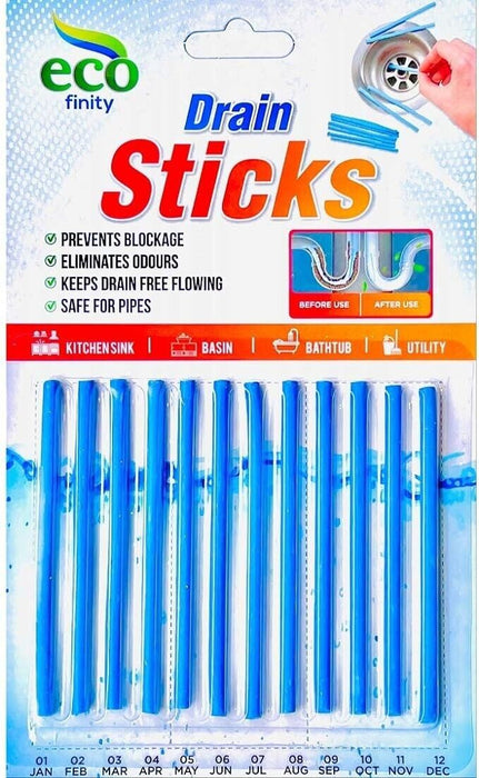 12pc EcoFinity Drain Sticks – Enzyme Drain Cleaner for Sink, Basin, Bathtub – Pr