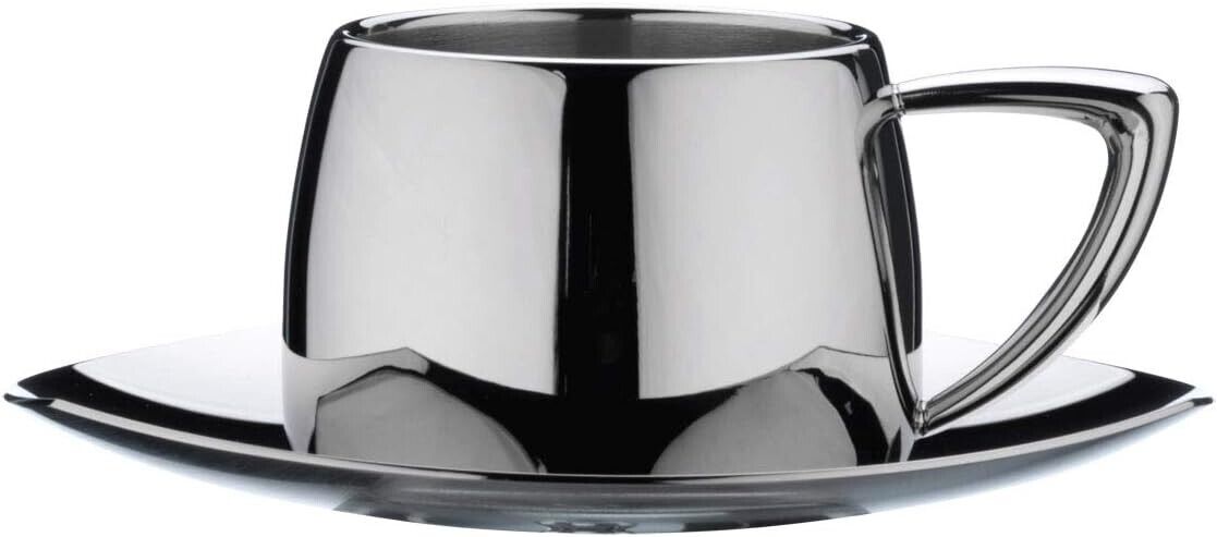 Art Deco Stainless Steel Coffee Cup & Saucer