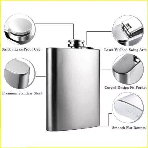 HIP FLASK Stainless Steel Pocket Drink Whisky Flasks Alcohol Gift Steel 6oz