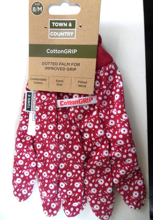 TOWN & COUNTRY COTTON GRIP WITH DOTTED PALM GARDEN GLOVES RED - MEDIUM (8)