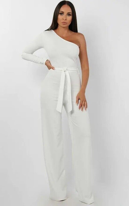 Silk Fred White Belted One Shoulder Jumpsuit Evelyn White 12