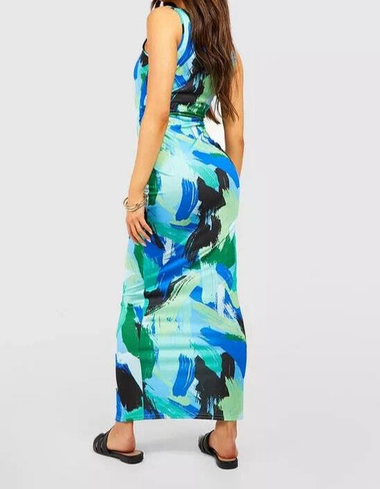 Abstract Scoop Neck Maxi Dress Size UK 14