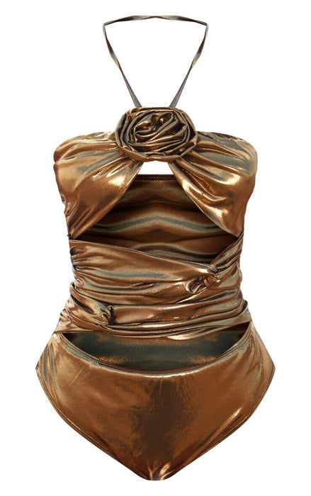 Pretty Little Thing Bronze Metallic Flower Detail Swimsuit Size 14