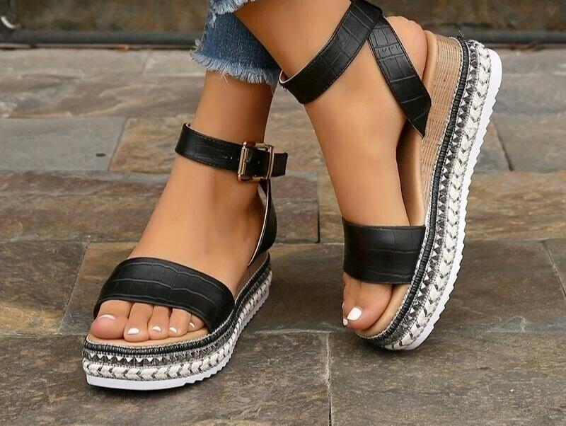 Women's Platform Wedge Sandals - Open Toe - Ankle Strap Black Size UK 5.5 (39)