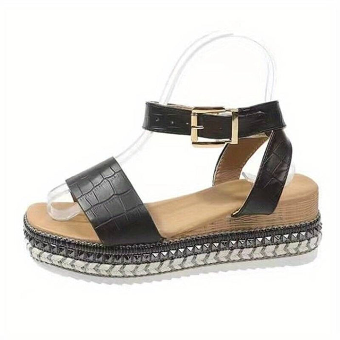 Women's Platform Wedge Sandals - Open Toe - Ankle Strap Black Size UK 5.5 (39)