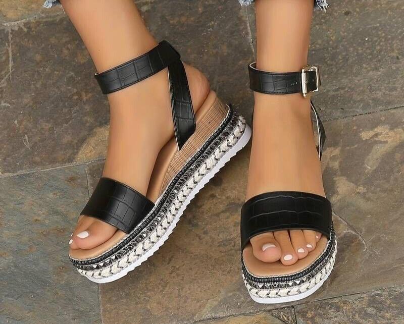 Women's Platform Wedge Sandals - Open Toe - Ankle Strap Black Size UK 8 (42)