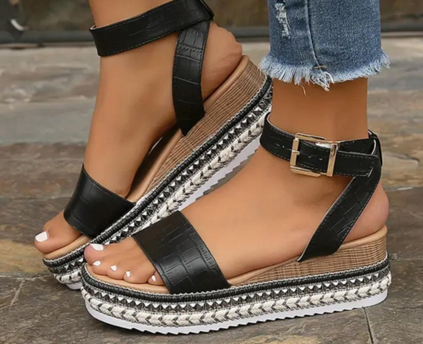 Women's Platform Wedge Sandals Open Toe Ankle Strap - Black - UK 5 (38)