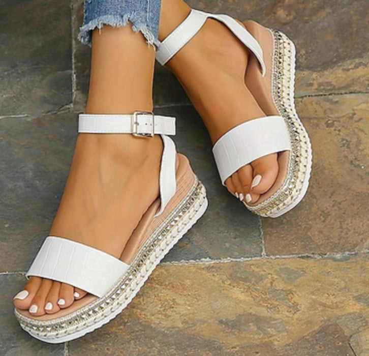 Women's Platform Wedge Sandals - Open Toe - Ankle Strap White Size UK 7 (41)