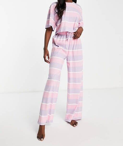 ASOS Tall mixed stripe tee & wide leg pants pyjama set in pink & purple Size 14