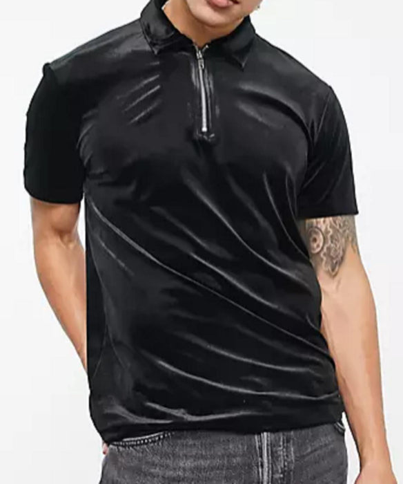 ASOS DESIGN polo t-shirt in black velour - Large