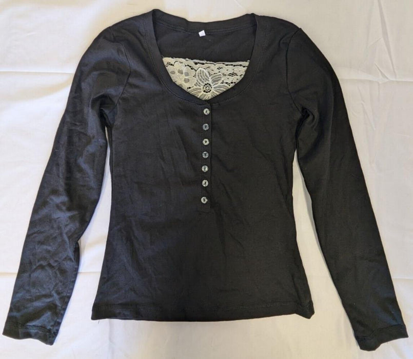 Womens Black Long Sleeve T-Shirt W/ White Lace - Small