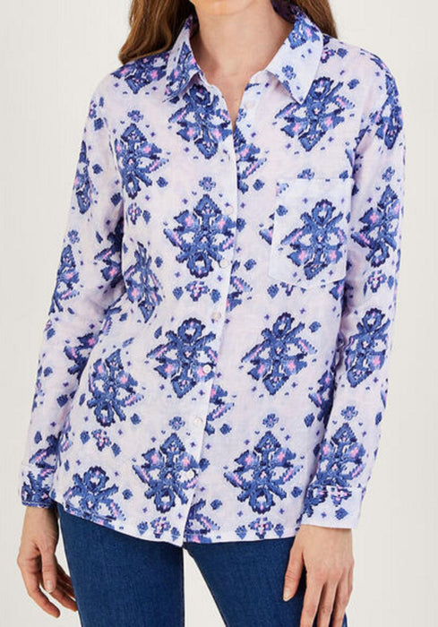 Monsoon Laurie ikat button through linen shirt blue - Large