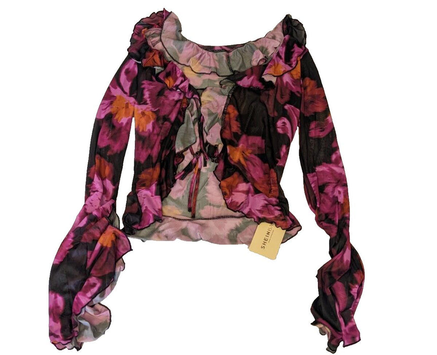 Shien Stretchy Floral Tie Up Blouse Size Large