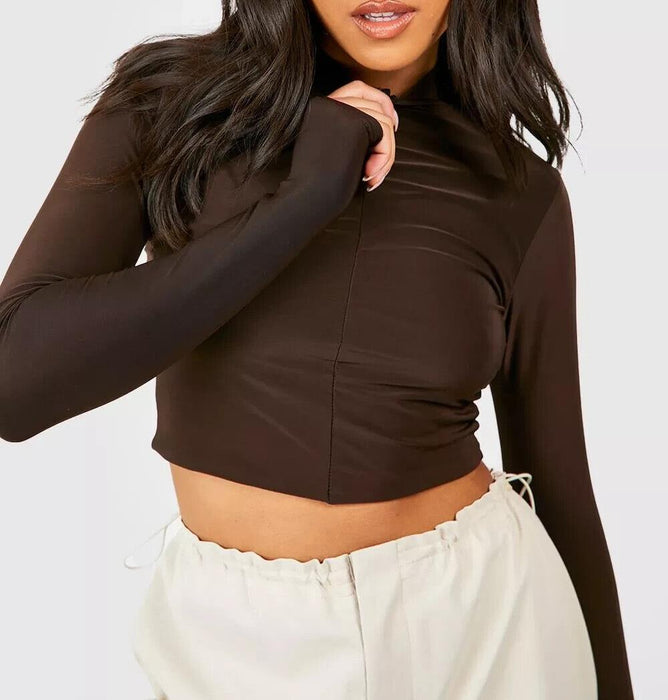 Boohoo Petite Double Slinky Long Sleeve Half Zip Chocolate uk 10