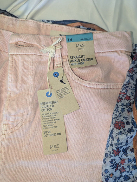 M&S straight ankle grazer high rise pink jeans size 14 regular