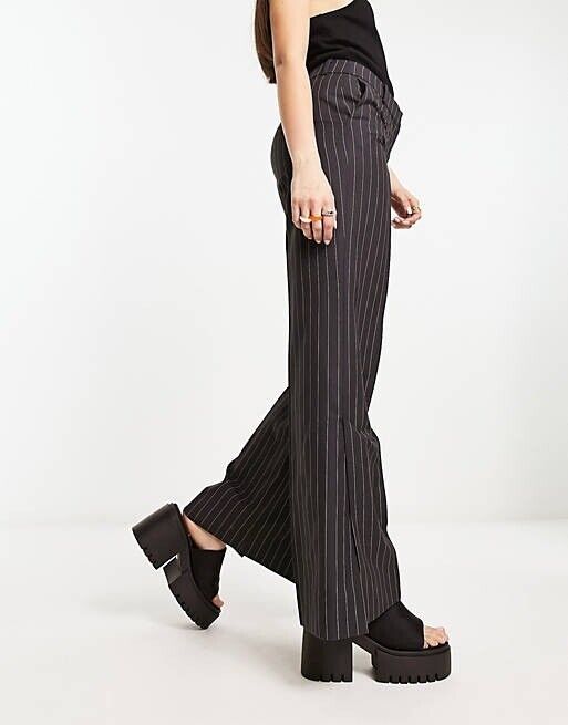 Weekday Kylie flared trousers in dark grey pinstripe Size EU 42