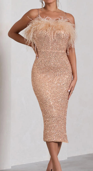 Club L IN YOUR HEAD ROSE GOLD SEQUIN STRAPPY MIDI DRESS WITH FEATHERS - UK10