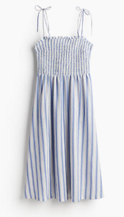 H&M Tie-strap smocked dress - Blue & White Stripes - Size Medium