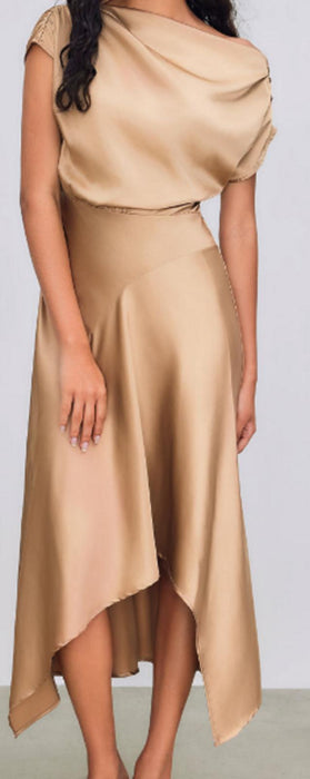 Cider Asymmetrical Boat Neck Ruffle Maxi Dress - Champagne - Size UK Large