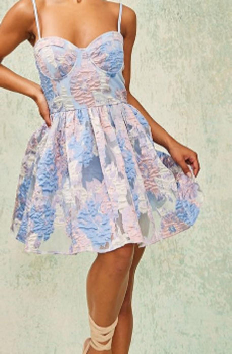 Pretty Little Things Blue Floral Organza Jacquard Underwired Shift Dress - UK 16