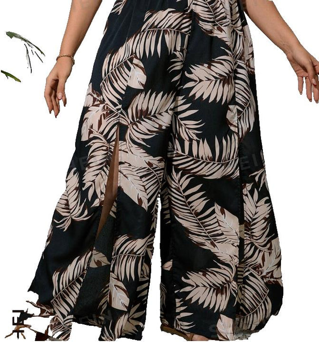 SHEIN VCAY Plus Tropical Print Split Thigh Wide Leg Trousers 3XL