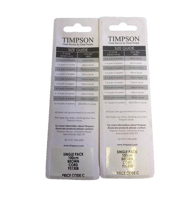 2x Timpson Cord Laces Brown 100cm/40"