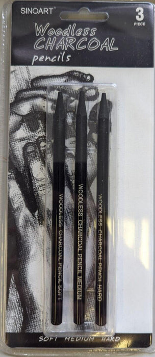 SINOART 3 Pieces Woodless Charcoal Pencils - Soft Medium & Hard