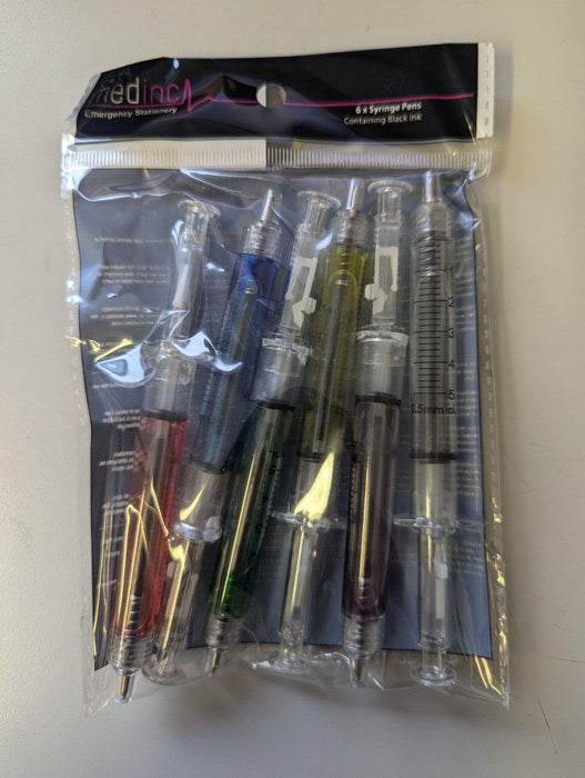 Medinc Pack of 6 Mixed Colour Syringe Pens with Ink Great Nurse Novelty