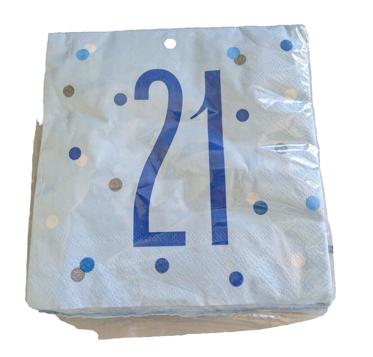 21st Birthday Napkins Blue 16pcs 12.75 x 12.75 inches