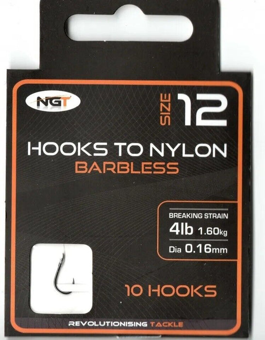 NGT Barbless Hooks to Nylon Size 12