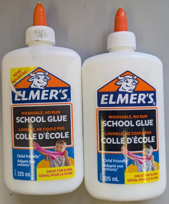 2 Pack Elmers White Washable No-Run PVA School Glue - Make slime! - 225ml