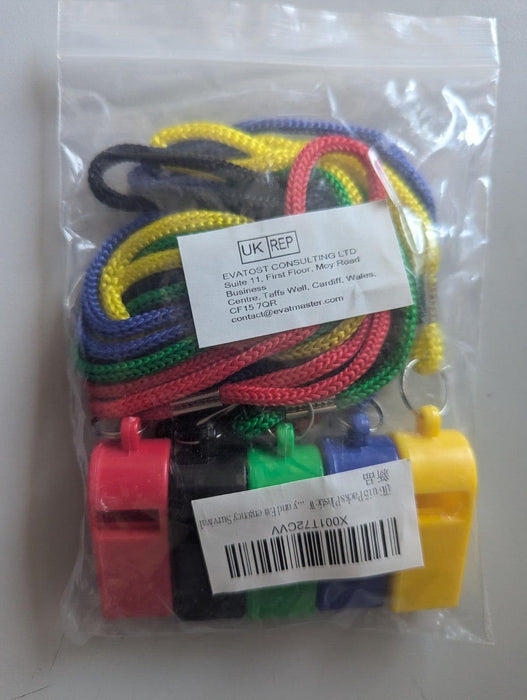 Plastic Whistles With String Multiple Colours 5 pack