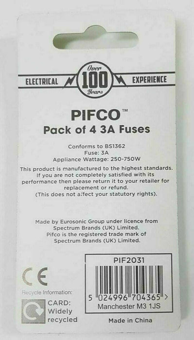 3 Amp PIFCO Fuses Household Replacement 3A Fuse 4pcs pack