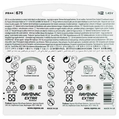 Rayovac Extra Advanced Size 675 Mf PR44 Hearing Aid Battery 1.45v 12 cells