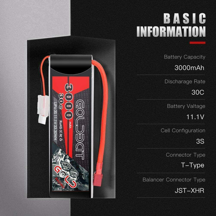 GOLDBAT RC Battery 3000 mAh 11.1 V 3S 30C Dean-Style T Connector