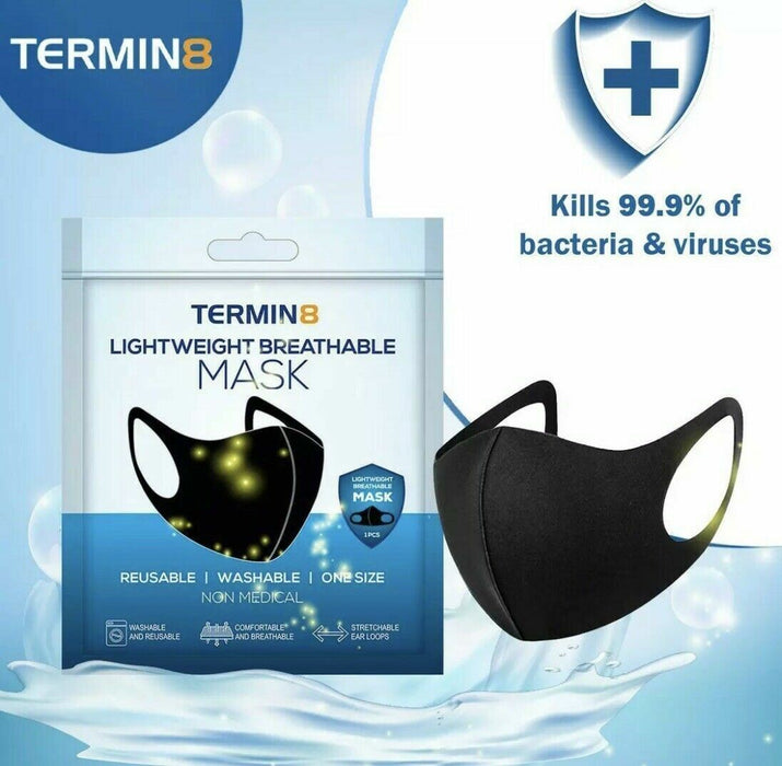 4 x Termin8 Lightweight Breathable Reusable Face Mask for Adults- Black