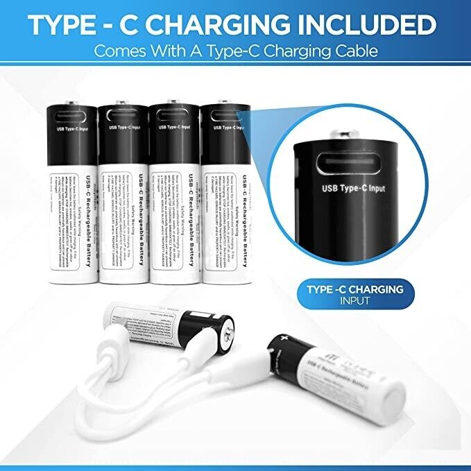 4-Pack AA 1.5V Rechargeable Batteries via USB Type-C Lithium Li-ion Battery Cell